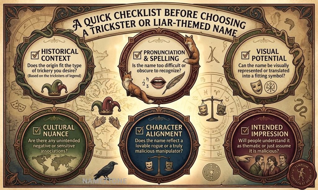 Quick Checklist Before Choosing a Trickster or Liar-Themed Name